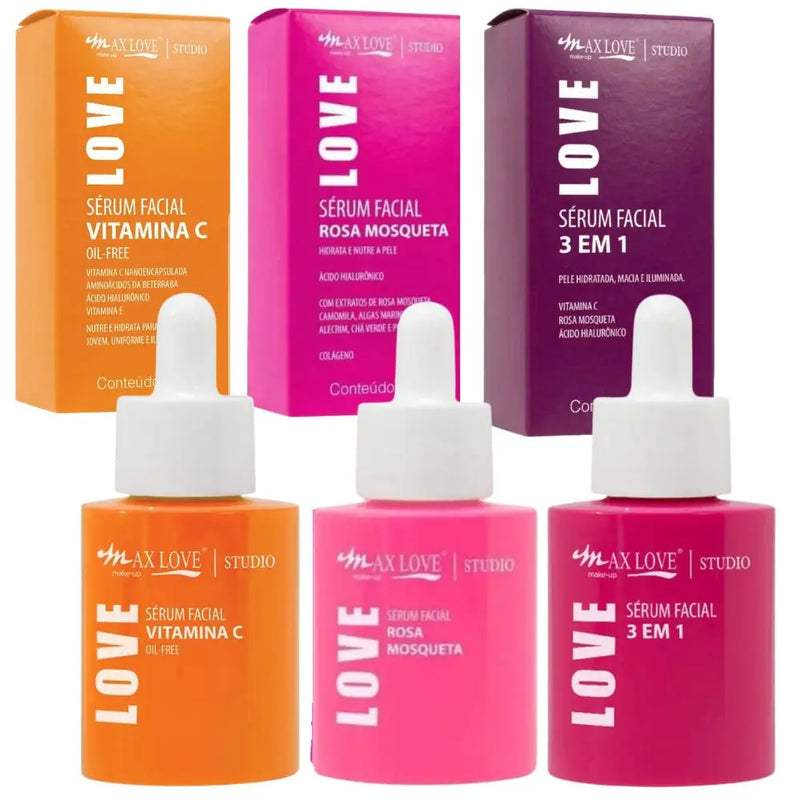 Kit 3 Sérum Max Love Vitamina C, 3 em 1 e Rosa Mosqueta