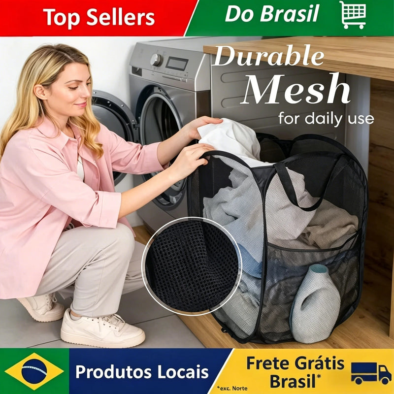 Cesto Dobrável de Malha para Lavanderia