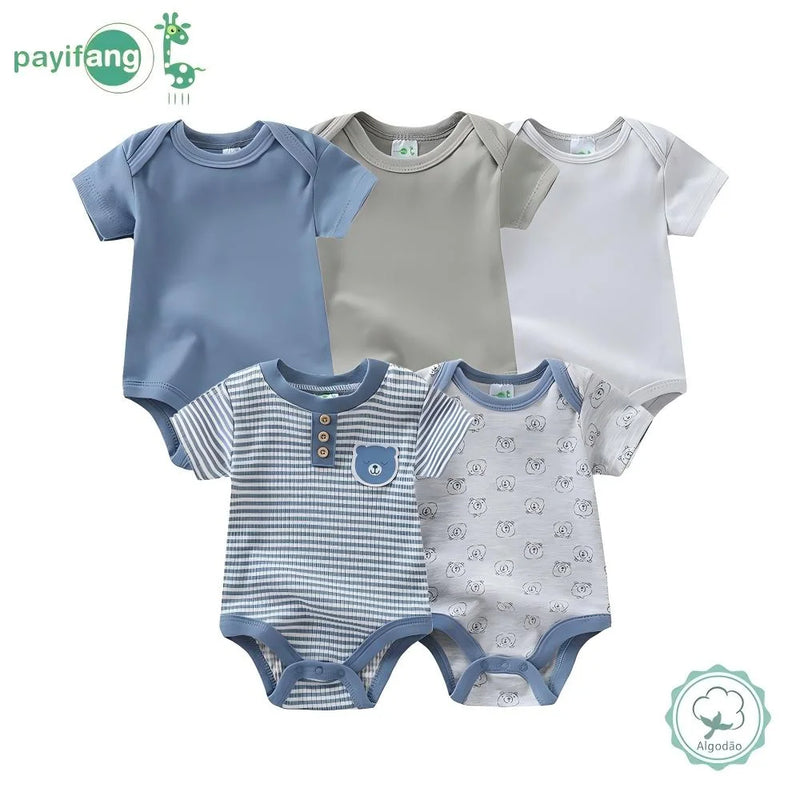 Kit 5 Bodies Bebê Menino Manga Curta 60% Algodão 40% Poliéster Tamanhos 3m 6m 9m Roupa Infantil