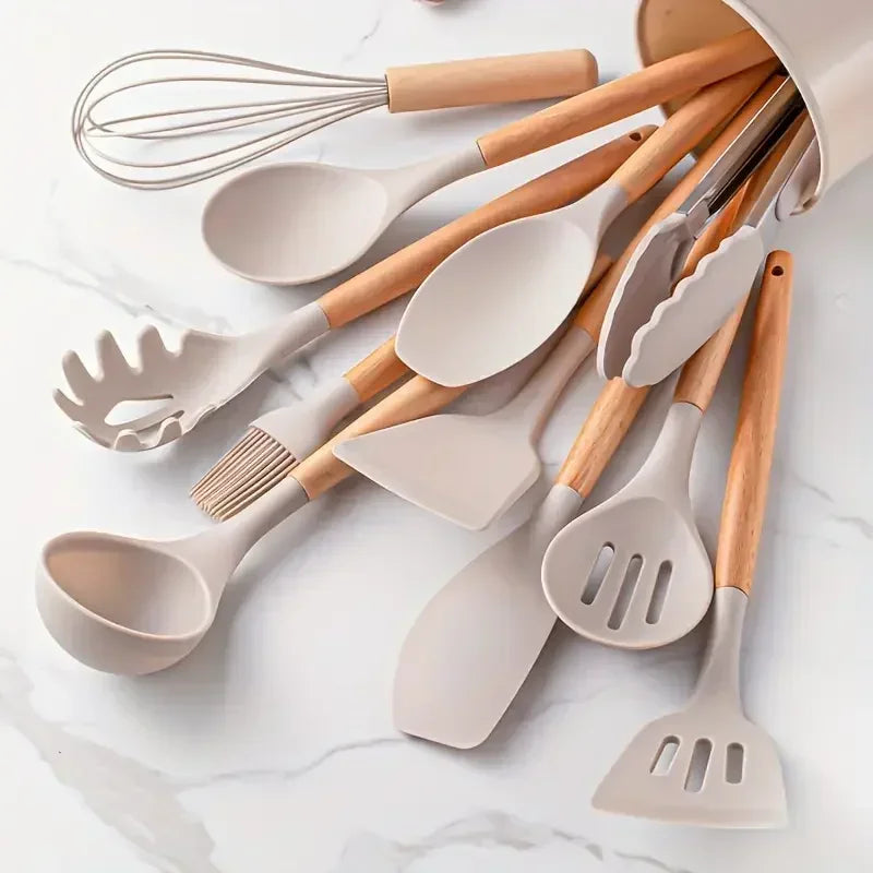 Conjunto de Utensílios de Cozinha com Cabo de Madeira